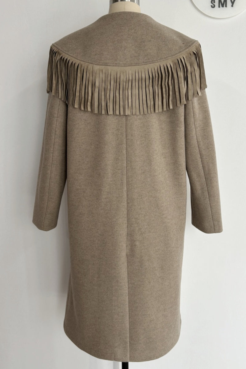 Abrigo de lana largo con flecos de inspiración western para mujer - W-02-003 Tan