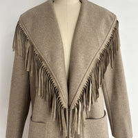 Abrigo de lana largo con flecos de inspiración western para mujer - W-02-003 Tan