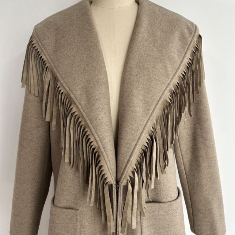 Abrigo de lana largo con flecos de inspiración western para mujer - W-02-003 Tan
