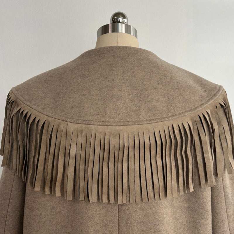 Abrigo de lana largo con flecos de inspiración western para mujer - W-02-003 Tan
