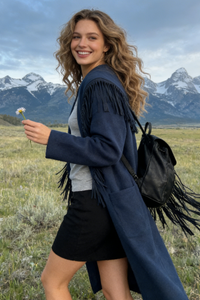 Abrigo de lana largo con flecos de inspiración western para mujer - W-02-003 Tan