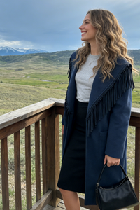 Abrigo de lana largo con flecos de inspiración western para mujer - W-02-003 Tan