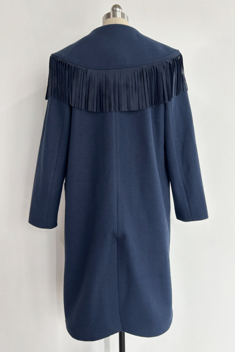 Abrigo de lana largo con flecos de inspiración western para mujer - W-02-003 Tan