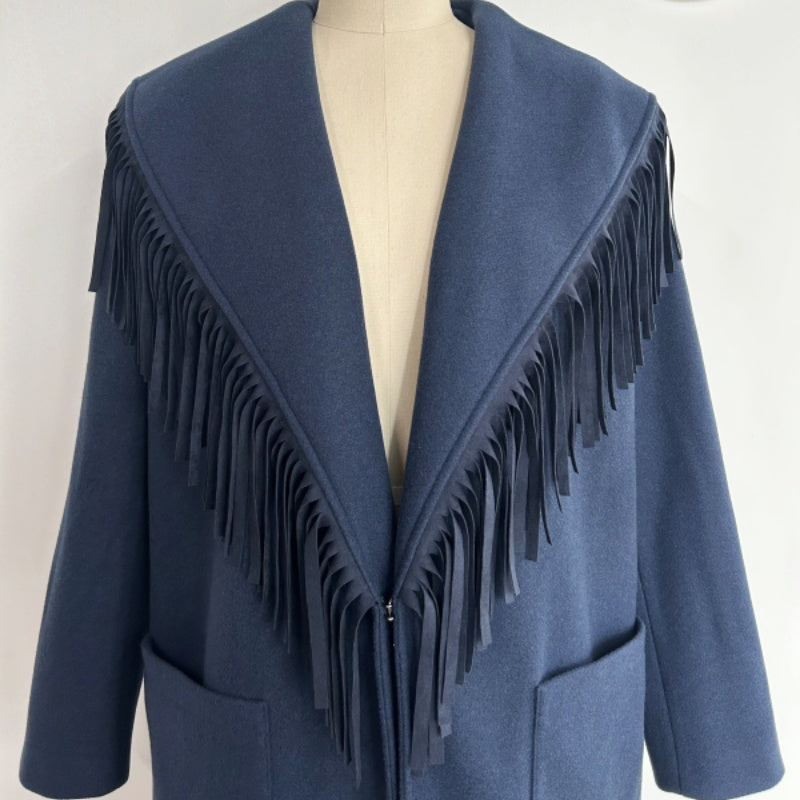 Abrigo de lana largo con flecos de inspiración western para mujer - W-02-003 Tan