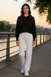 Suéter de punto suave con capucha para mujer - Estilo relajado y básico para el día a día W-03-012-Negro