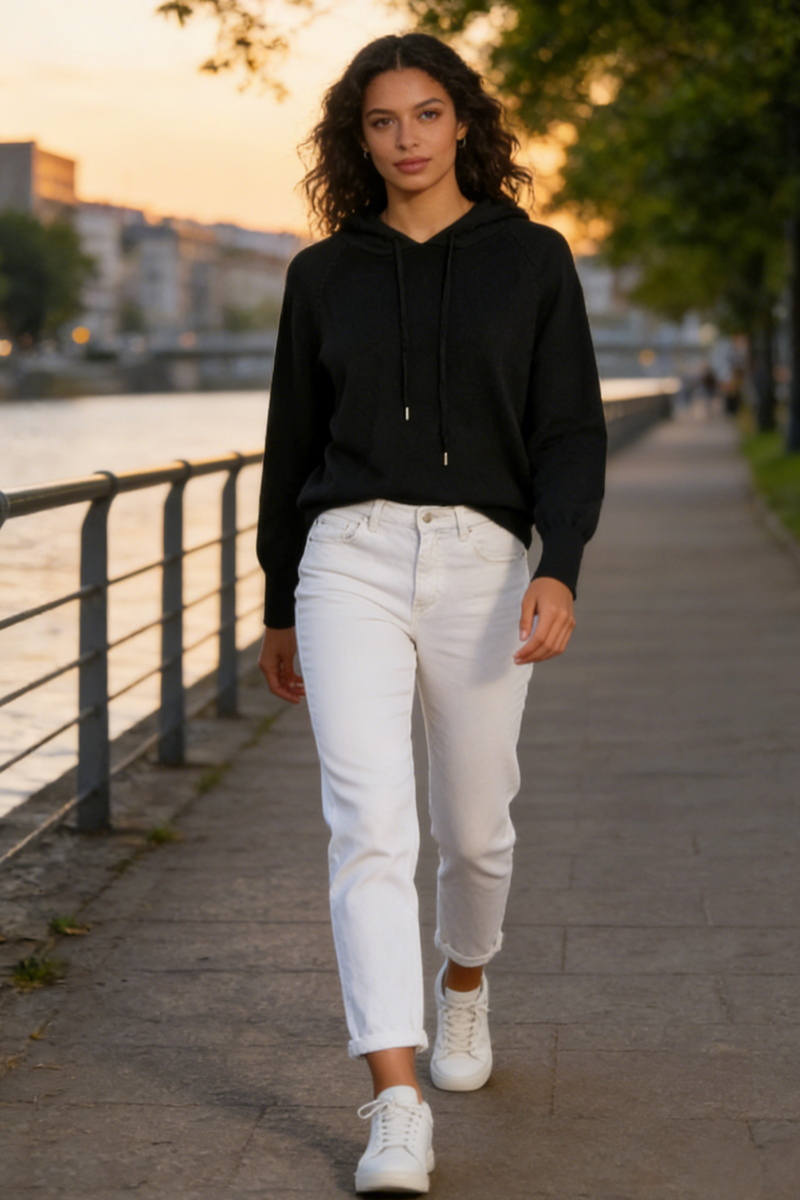 Suéter de punto suave con capucha para mujer - Estilo relajado y básico para el día a día W-03-012-Negro