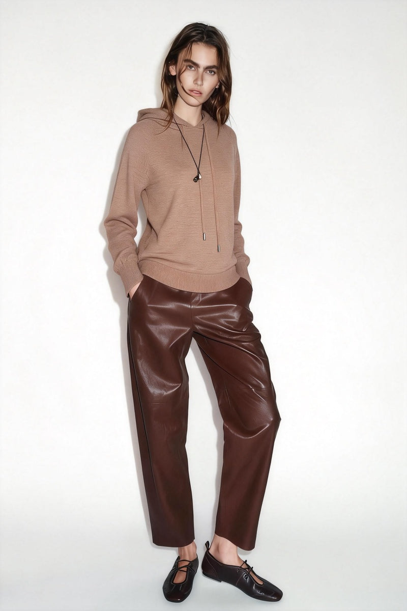 Suéter de punto suave con capucha para mujer - Básico y relajado para el día a día W-03-012-Canela