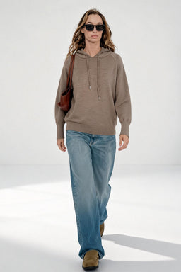 Suéter de punto suave con capucha para mujer - Básico y relajado para el día a día W-03-012-Caqui jaspeado