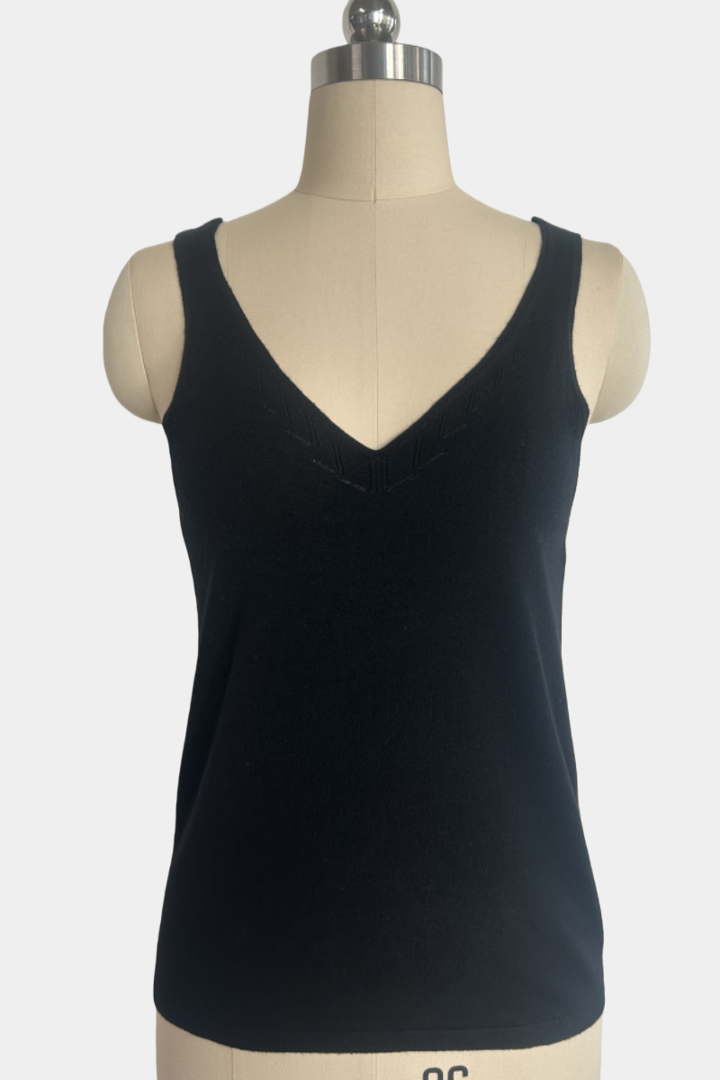 Chaleco de punto suave con cuello en V: prenda ligera para uso diario W-03-014 Negro
