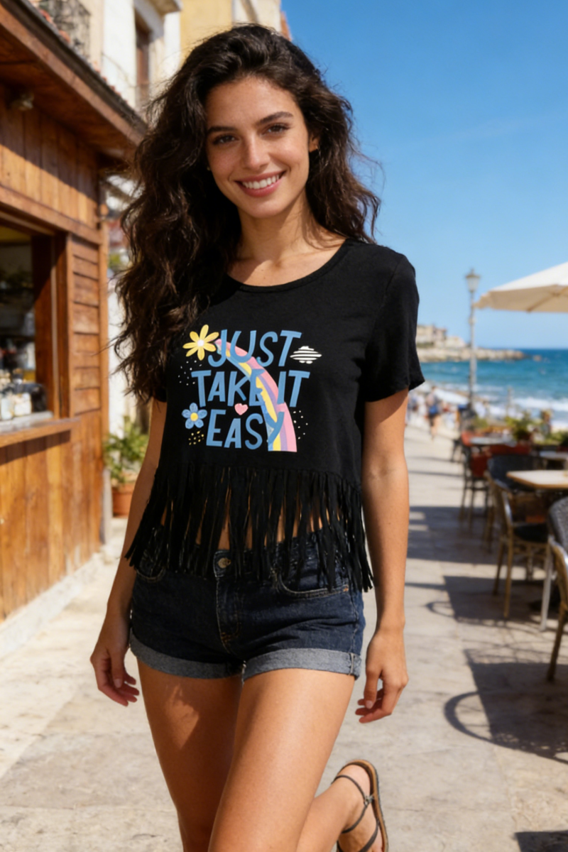 Slinky Knit Crop Top with Swaying Bottom Fringes|W-04-001-Black,White