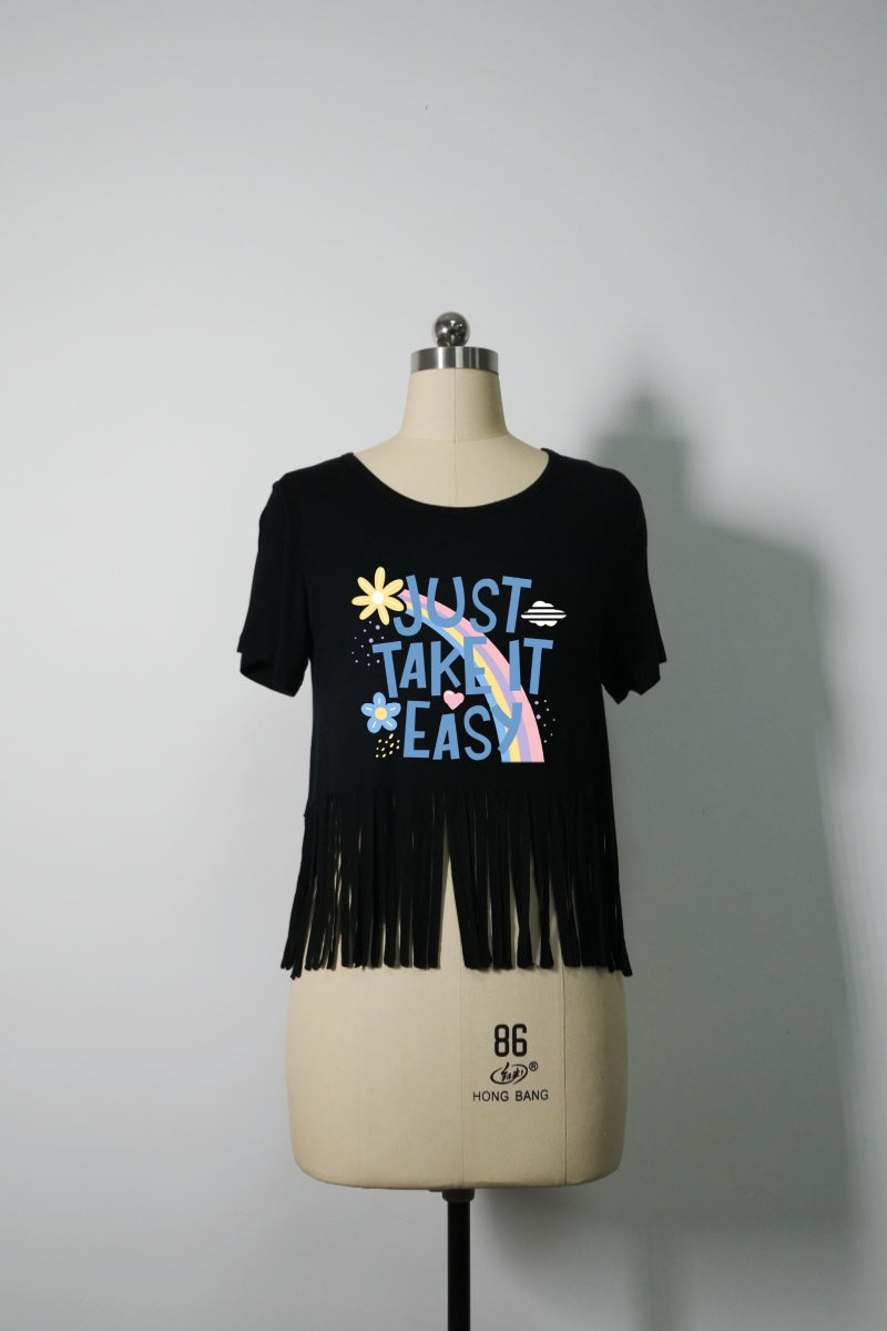 Top corto de punto ceñido con flecos ondulantes en la parte inferior | W-04-001-Negro