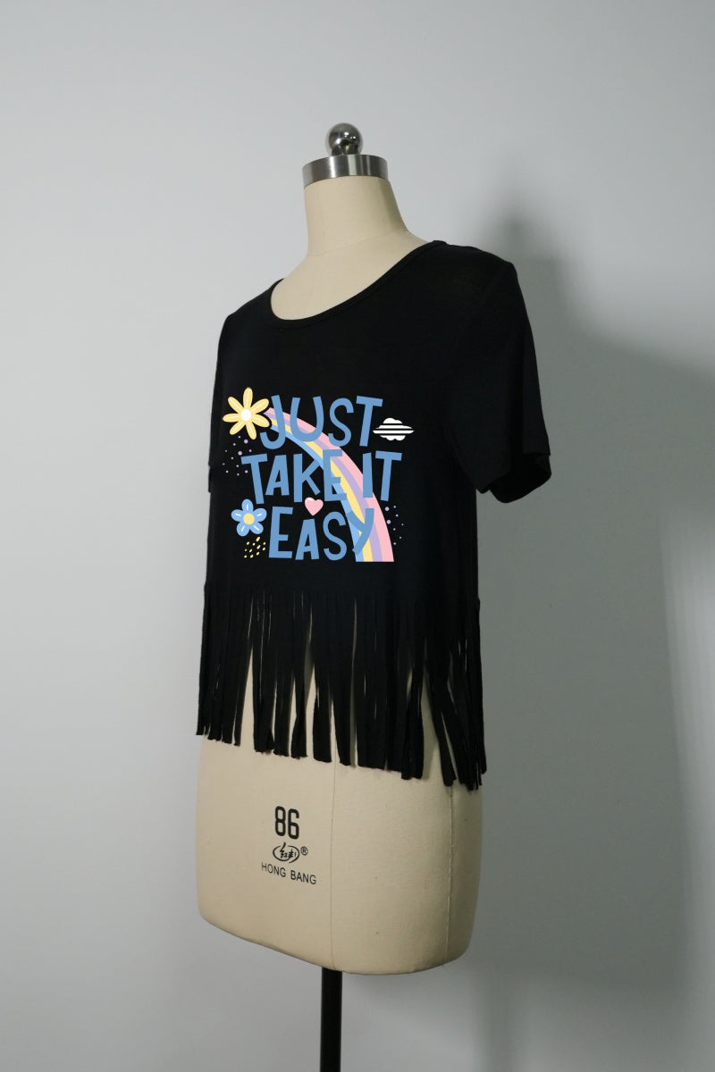 Top corto de punto ceñido con flecos ondulantes en la parte inferior | W-04-001-Negro