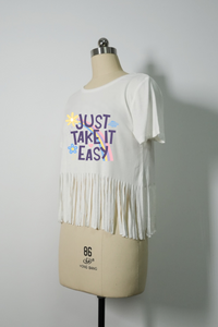 Slinky Knit Crop Top with Swaying Bottom Fringes|W-04-001-Black,White