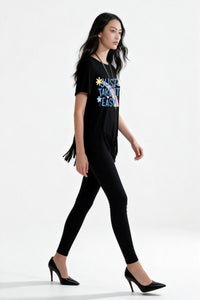 Women's Soft Stretch Rayon Blend Top|Flowy Bottom Fringes|W-04-002-Black