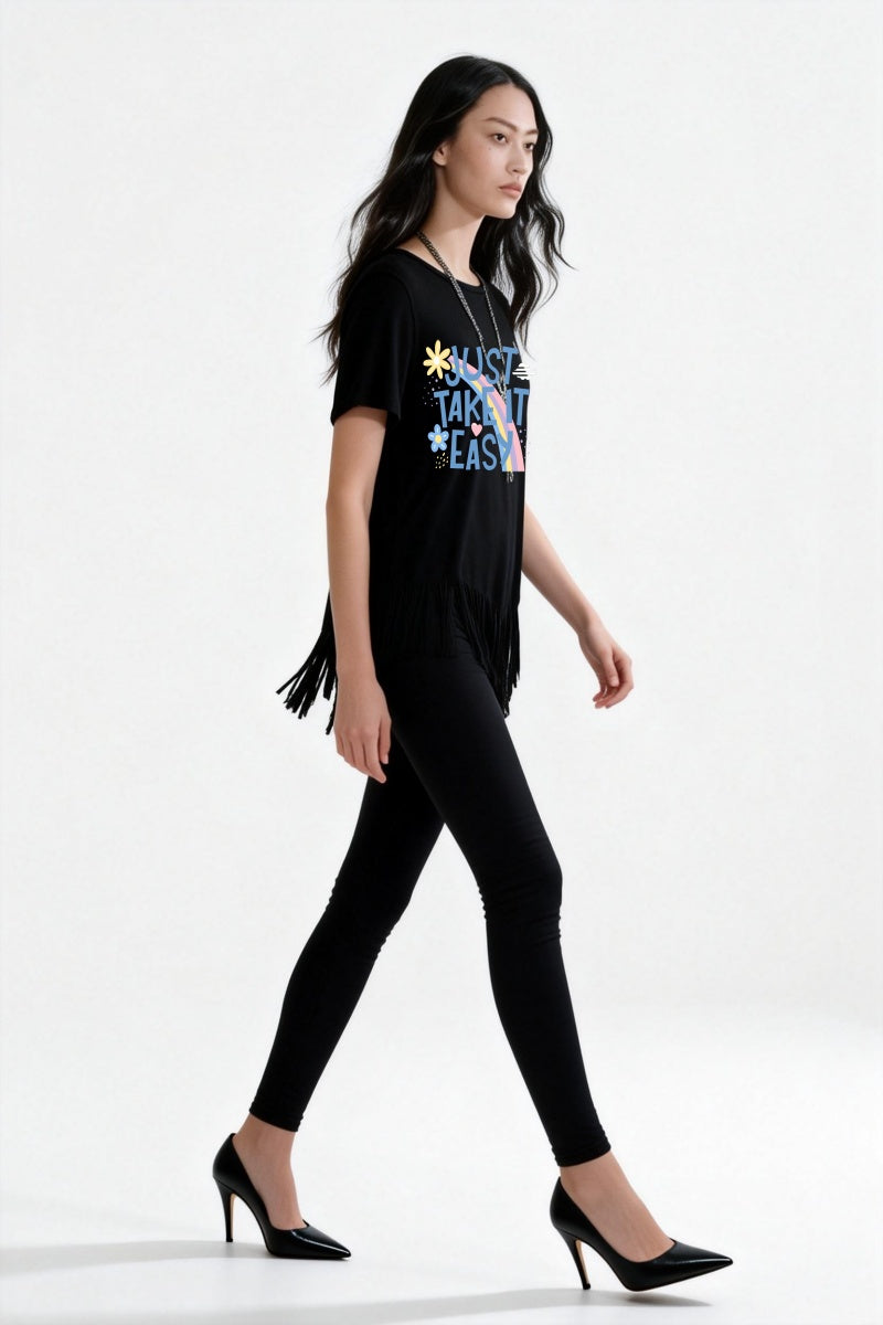 Women's Soft Stretch Rayon Blend Top|Flowy Bottom Fringes|W-04-002-Black