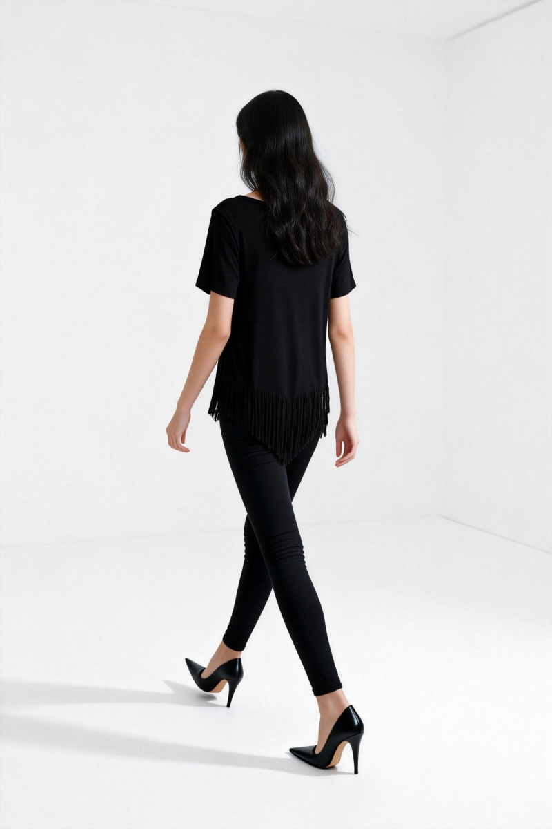 Women's Soft Stretch Rayon Blend Top|Flowy Bottom Fringes|W-04-002-Black