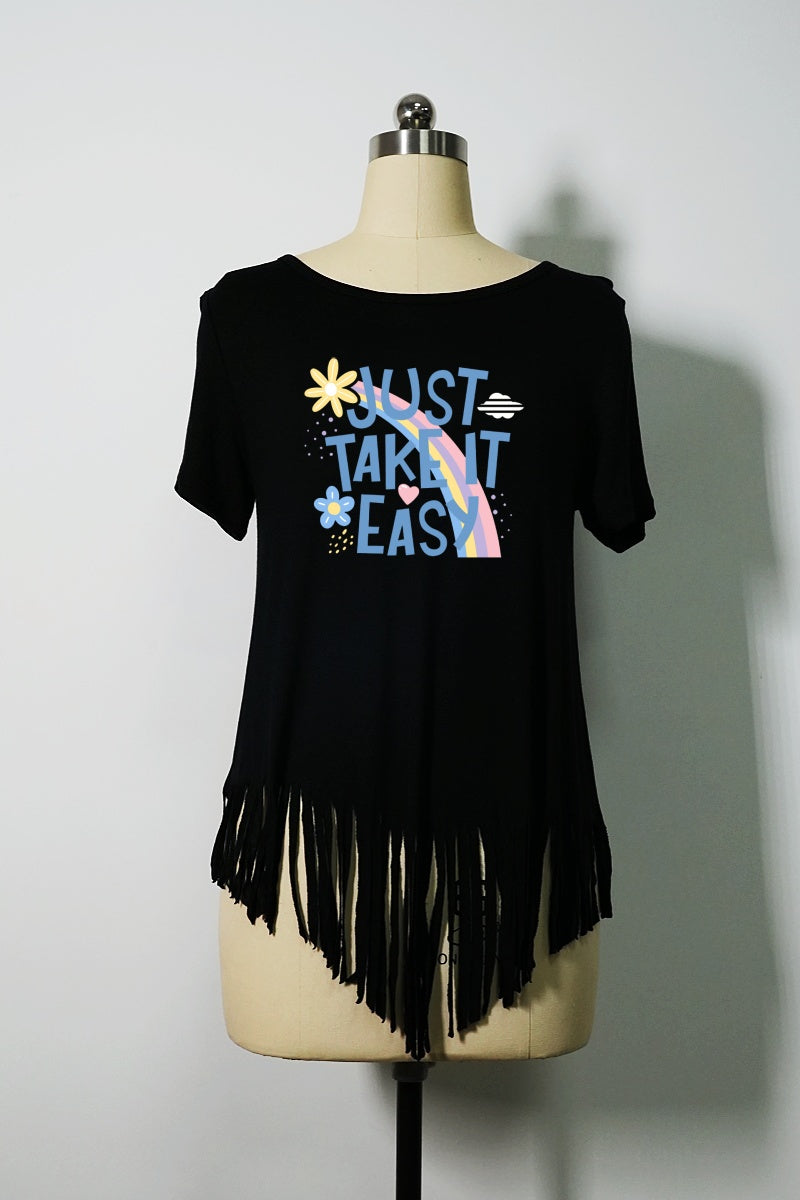 Women's Soft Stretch Rayon Blend Top|Flowy Bottom Fringes|W-04-002-Black