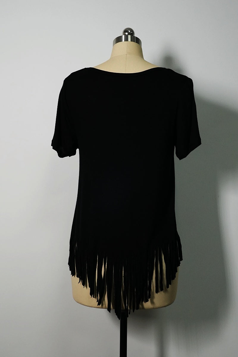 Women's Soft Stretch Rayon Blend Top|Flowy Bottom Fringes|W-04-002-Black