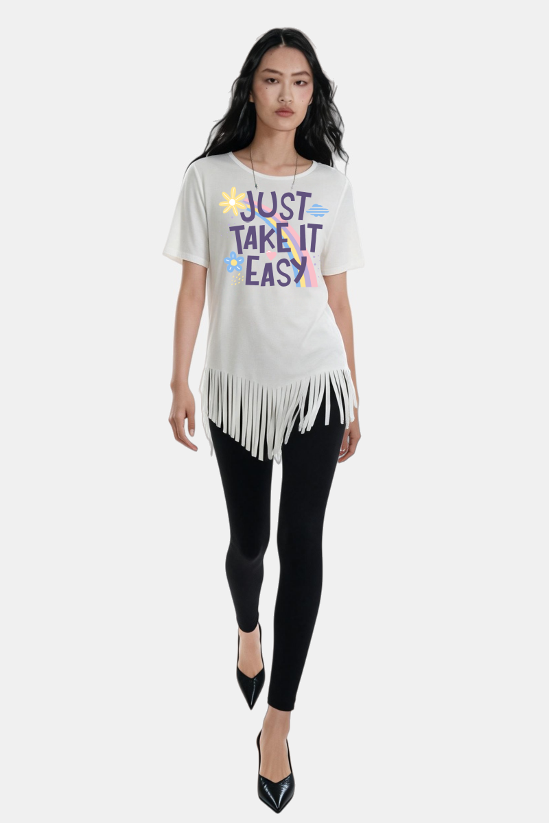 Women's Soft Stretch Rayon Blend Top|Flowy Bottom Fringes|W-04-002-White