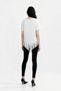 Women's Soft Stretch Rayon Blend Top|Flowy Bottom Fringes|W-04-002-White