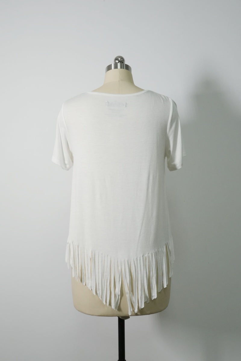 Women's Soft Stretch Rayon Blend Top|Flowy Bottom Fringes|W-04-002-White