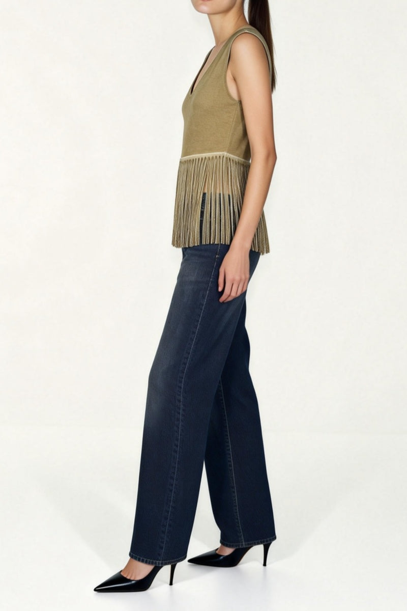 Camiseta de tirantes para mujer con escote en V, dobladillo con flecos y teñido en prenda - Cuerpo de doble capa W-04-003 DD Buckskin