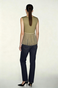 Camiseta de tirantes para mujer con escote en V, dobladillo con flecos y teñido en prenda - Cuerpo de doble capa W-04-003 DD Buckskin