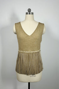 Camiseta de tirantes para mujer con escote en V, dobladillo con flecos y teñido en prenda - Cuerpo de doble capa W-04-003 DD Buckskin