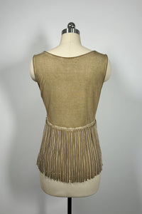 Camiseta de tirantes para mujer con escote en V, dobladillo con flecos y teñido en prenda - Cuerpo de doble capa W-04-003 DD Buckskin