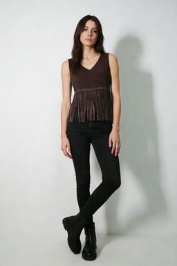 Women’s Garment Dyed Fringe Hem V-Neck Tank – Double Layer Bodice W-04-003 DD Dark Choc，DD Buckskin