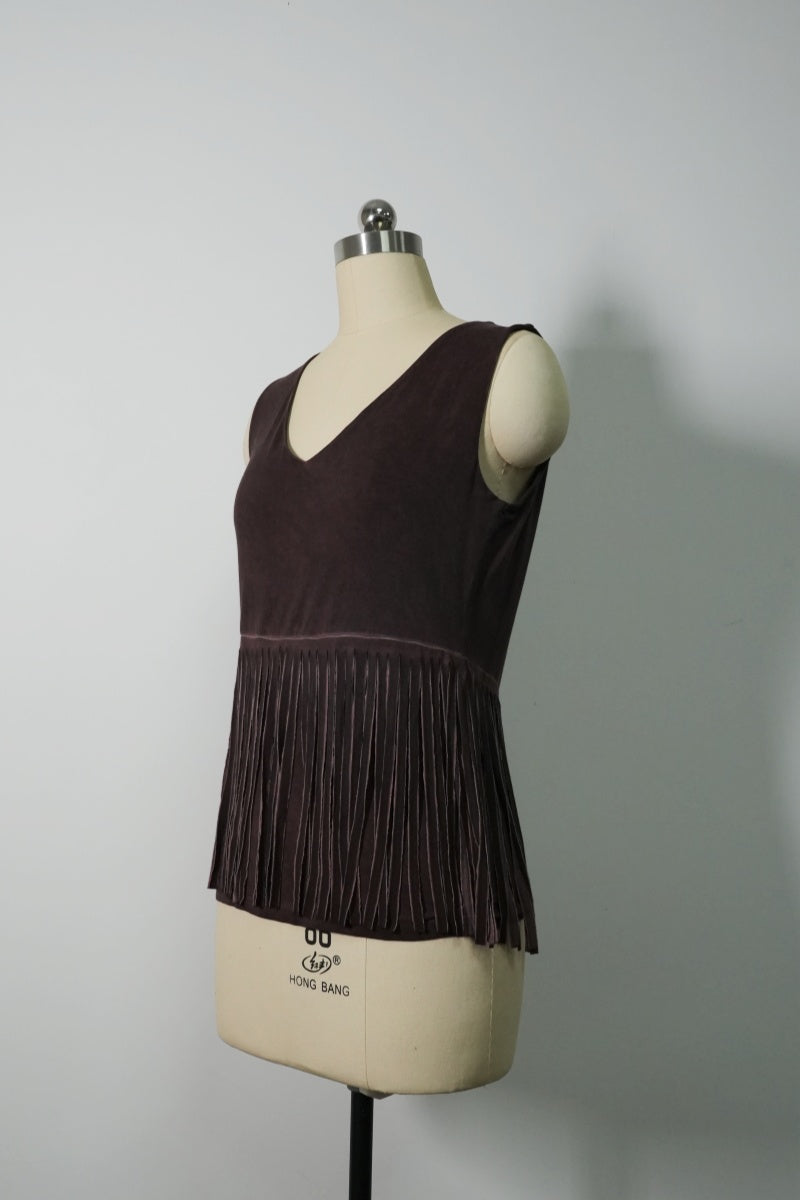 Camiseta de tirantes con escote en V y dobladillo con flecos teñidos para mujer - Cuerpo de doble capa W-04-003 DD Chocolate oscuro