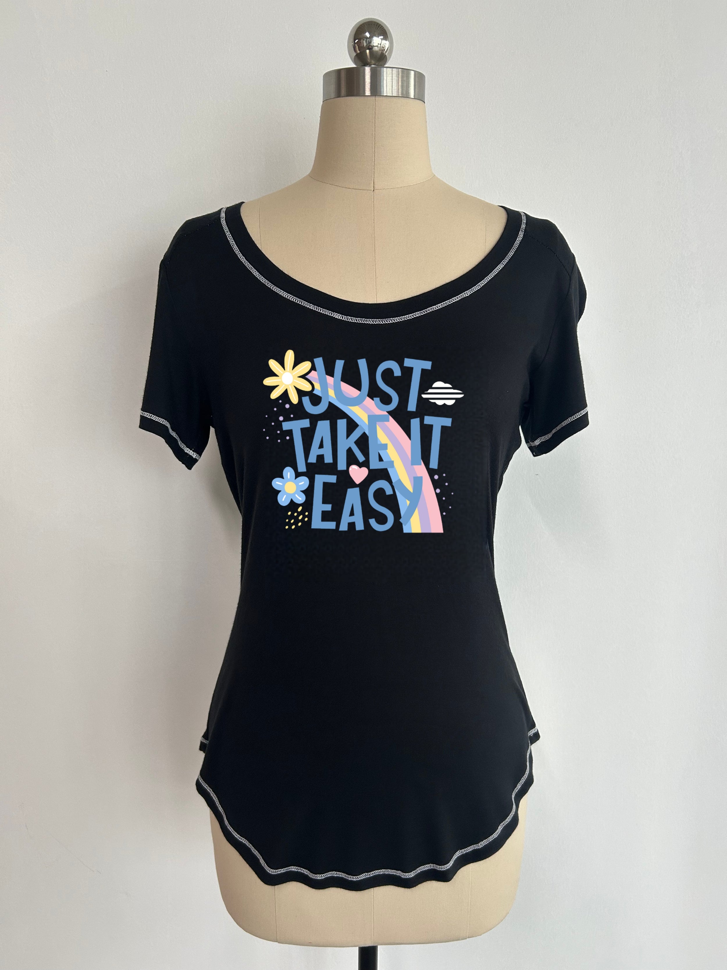 Women's Bold Neck Soft  Stretchy Slinky T-shirt|Arched Hemline|Contrast Stitching|W-04-004 Black