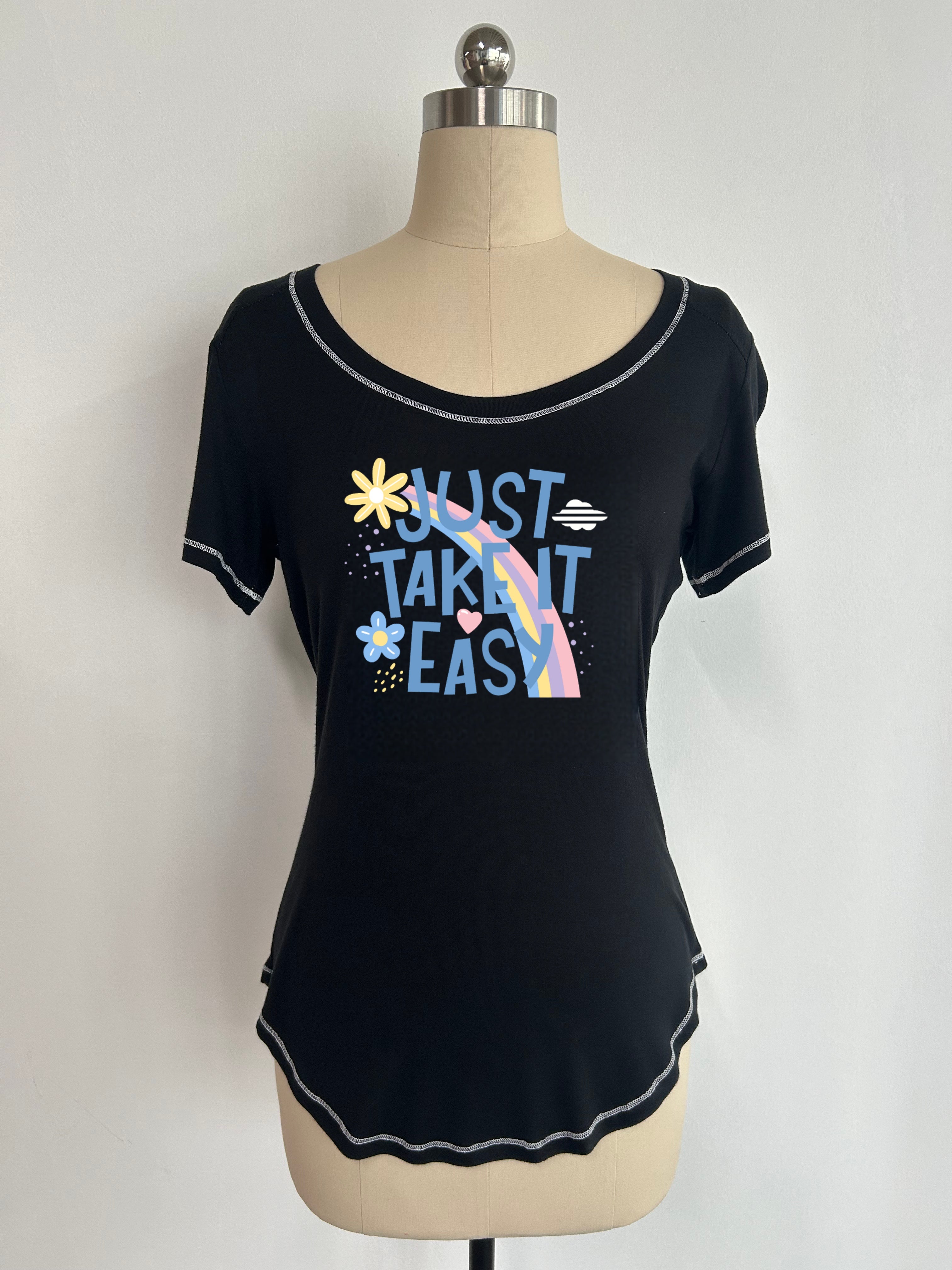 Women's Bold Neck Soft  Stretchy Slinky T-shirt|Arched Hemline|Contrast Stitching|W-04-004 Black