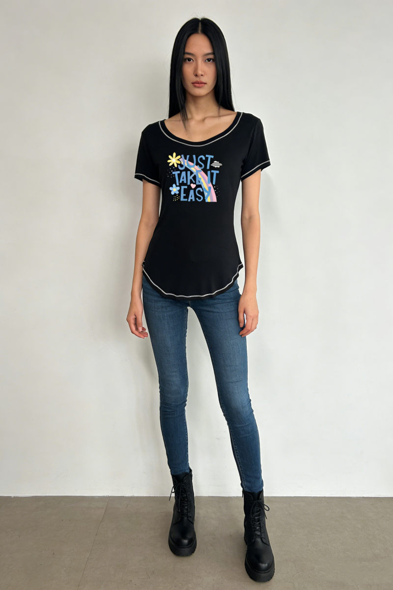 Women's Bold Neck Soft  Stretchy Slinky T-shirt|Arched Hemline|Contrast Stitching|W-04-004 Black