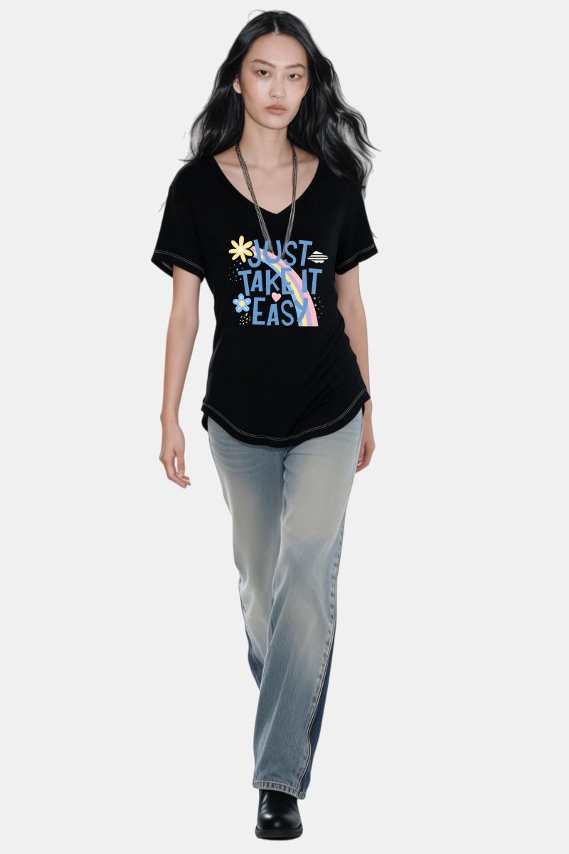 Premium V-neck Essential Tee|Soft-Drape Rayon Spandex|Arched Hem W-04-005-Black