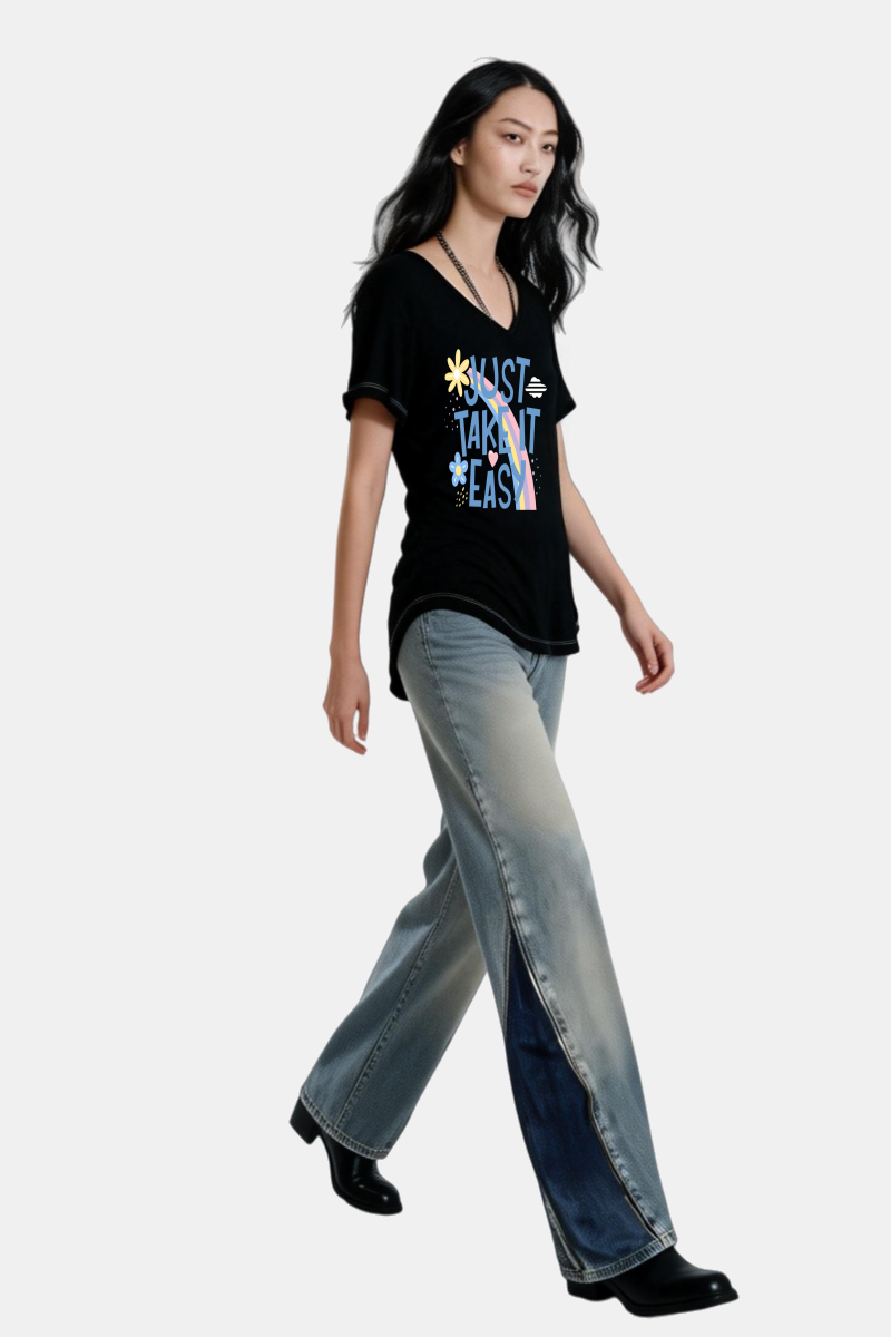 Premium V-neck Essential Tee|Soft-Drape Rayon Spandex|Arched Hem W-04-005-Black