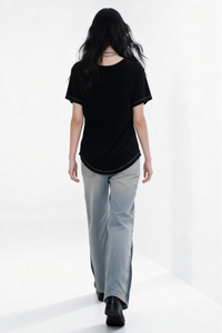 Premium V-neck Essential Tee|Soft-Drape Rayon Spandex|Arched Hem W-04-005-Black