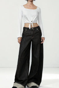 Women’s Long Sleeve Front-Tie Crop Top – 4-Way Stretch, Square Neck, Lettuce-Edge Cuffs|W-04-006-White