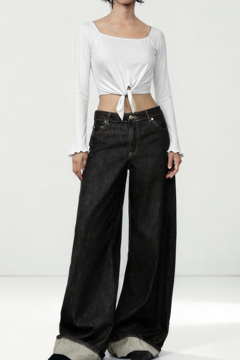 Women’s Long Sleeve Front-Tie Crop Top – 4-Way Stretch, Square Neck, Lettuce-Edge Cuffs|W-04-006-White