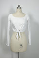 Women’s Long Sleeve Front-Tie Crop Top – 4-Way Stretch, Square Neck, Lettuce-Edge Cuffs|W-04-006-White