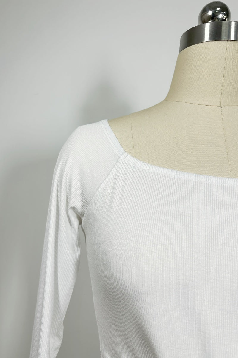 Women’s Long Sleeve Front-Tie Crop Top – 4-Way Stretch, Square Neck, Lettuce-Edge Cuffs|W-04-006-White