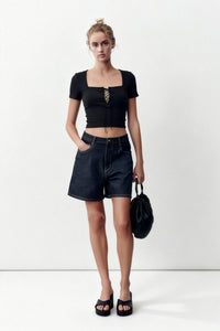 Women’s Ribbed Lace-Up Square Neck Crop Top – Short Sleeve-W-04-007 Black