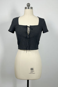 Women’s Ribbed Lace-Up Square Neck Crop Top – Short Sleeve-W-04-007 Black