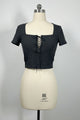 Women’s Ribbed Lace-Up Square Neck Crop Top – Short Sleeve-W-04-007 Black