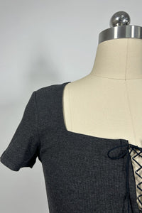 Women’s Ribbed Lace-Up Square Neck Crop Top – Short Sleeve-W-04-007 Black