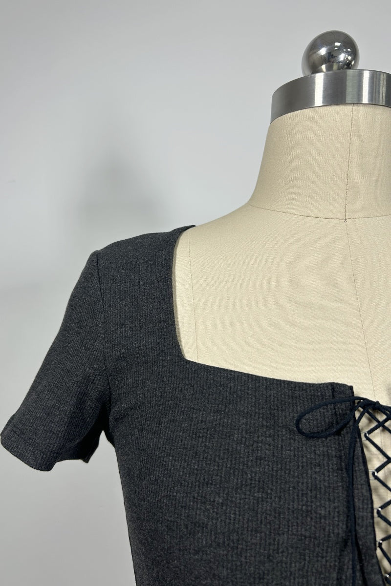 Women’s Ribbed Lace-Up Square Neck Crop Top – Short Sleeve-W-04-007 Black