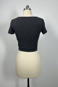 Women’s Ribbed Lace-Up Square Neck Crop Top – Short Sleeve-W-04-007 Black