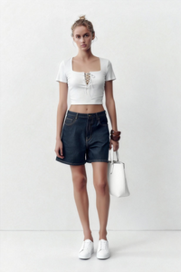 Women’s Ribbed Lace-Up Square Neck Crop Top – Short Sleeve-W-04-007 White