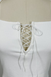 Women’s Ribbed Lace-Up Square Neck Crop Top – Short Sleeve-W-04-007 White