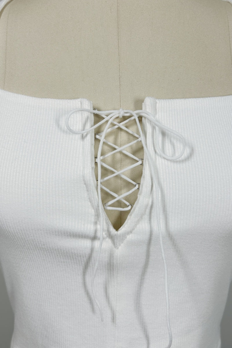 Women’s Ribbed Lace-Up Square Neck Crop Top – Short Sleeve-W-04-007 White